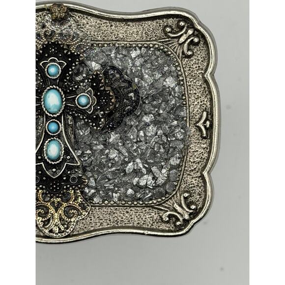Vintage P. Kellogg Signed Western Belt Buckle Cross Ornate Crushed Silver 3.75\
